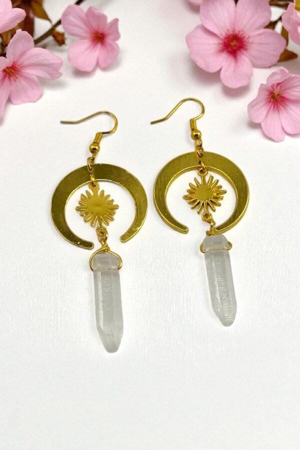 Celestial Beam – Moon & Sun Selenite Earrings - Image 3