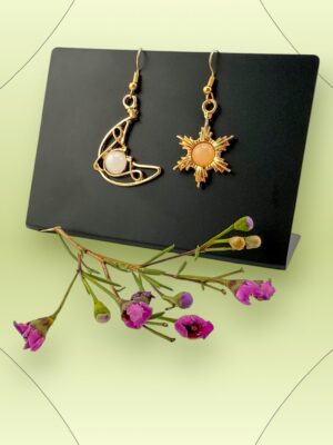 Celestial Duo – Cat's Eye Stones Moon & Sun Dangle Earrings