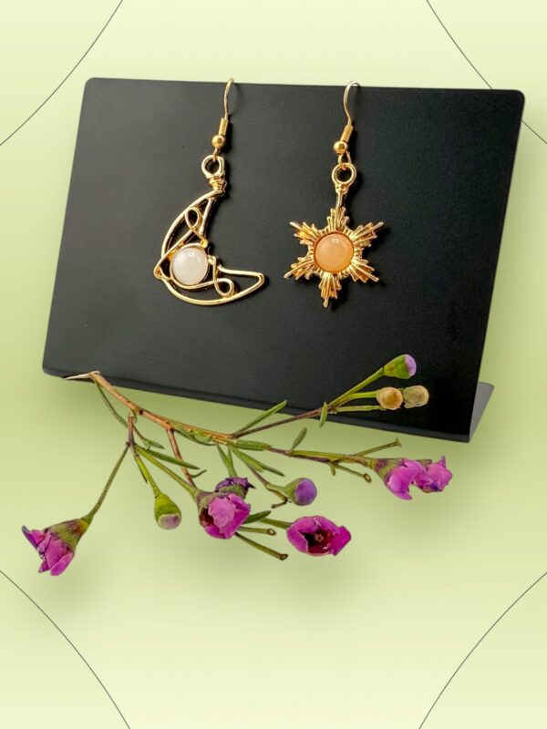 Celestial Duo – Cat's Eye Stones Moon & Sun Dangle Earrings