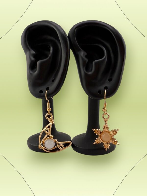 Celestial Duo – Cat's Eye Stones Moon & Sun Dangle Earrings - Image 2