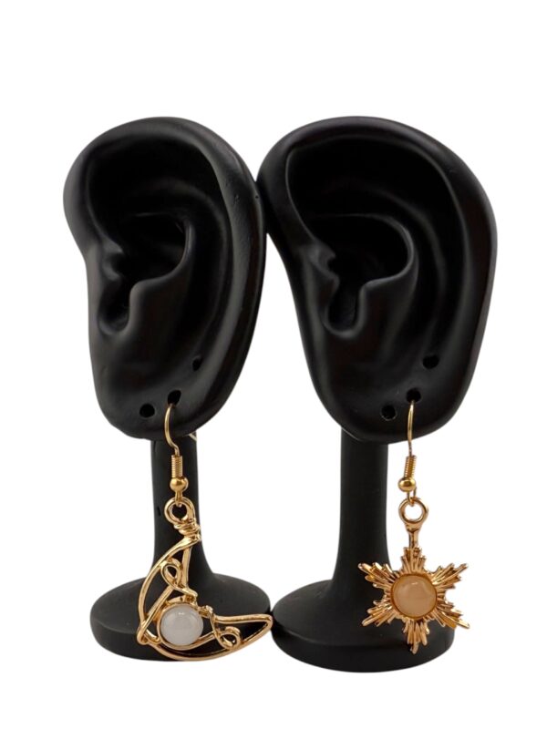 Celestial Duo – Cat's Eye Stones Moon & Sun Dangle Earrings - Image 3