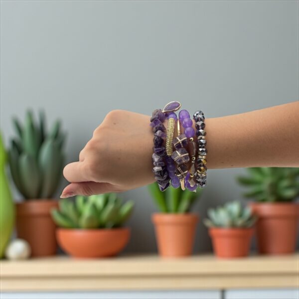 Mystic Voltage – Stack of 4 Stones: Amethyst | Agate | Electroplate Beads  Purpose: Energy magnetism, aura expansion & psychic protection - Image 3