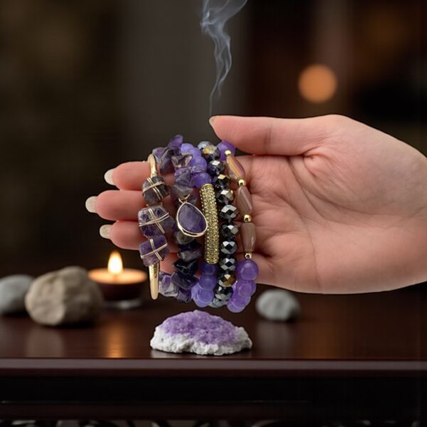 Mystic Voltage – Stack of 4 Stones: Amethyst | Agate | Electroplate Beads  Purpose: Energy magnetism, aura expansion & psychic protection - Image 4