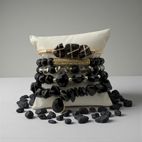 Shadow Reign – Stack of 5 Stones: Black Tourmaline | Obsidian | Onyx | Crystal Accents  Purpose: Aura dominance, envy deflection & silent power